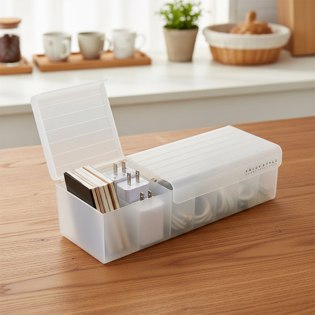 Open white cable organizer box with compartments for charging cords, adapters, and small accessories.