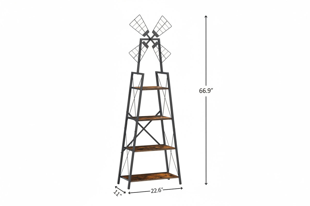 Four-tier windmill bookshelf measuring 66.9 inches tall, 22.6 inches wide, and 11 inches deep.