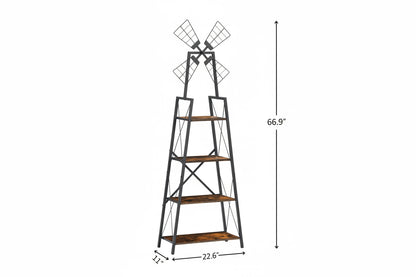 Four-tier windmill bookshelf measuring 66.9 inches tall, 22.6 inches wide, and 11 inches deep.