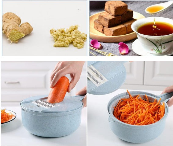 8-in-1 mandoline slicer shown grating ginger and slicing carrots for food preparation