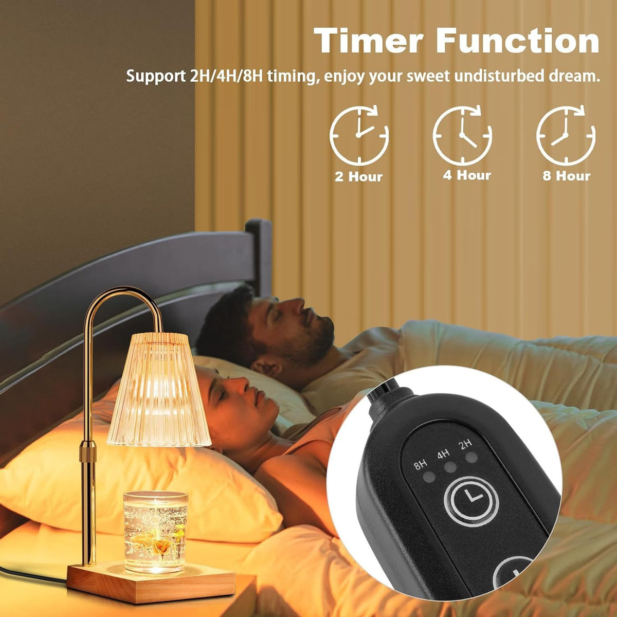 Candle warmer lamp beside a bed, with a controller close-up and labels showing 2-hour, 4-hour, and 8-hour timer settings.