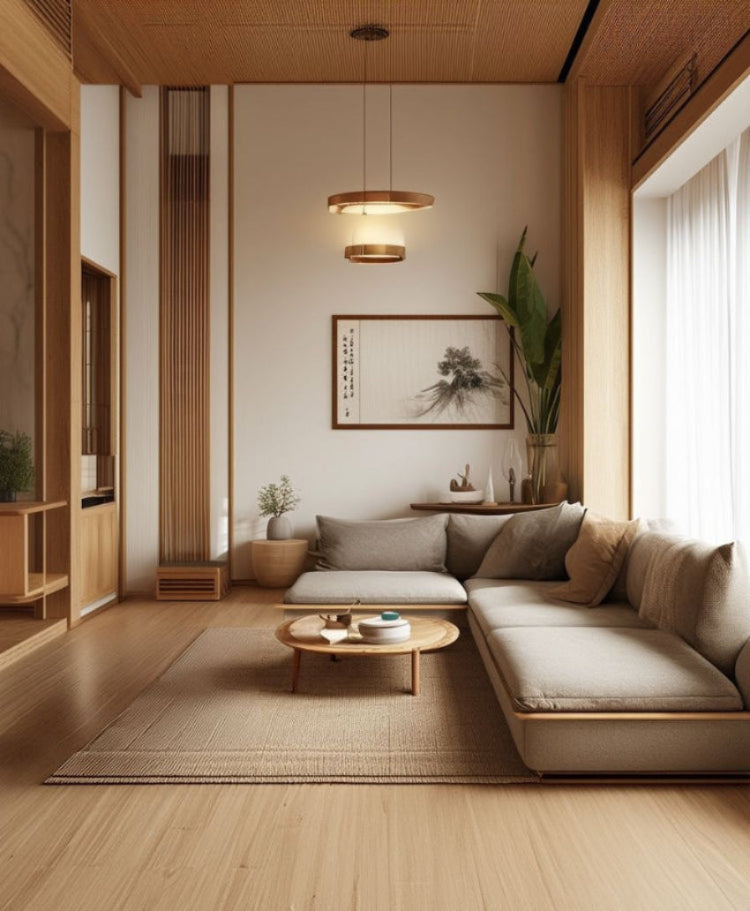 Modern living room with a sectional sofa, coffee table, and decorative elements.