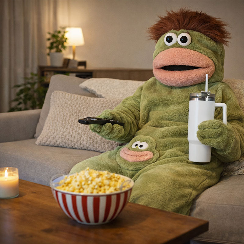 Person relaxing on a sofa in green fish onesie pajamas while holding a tumbler and remote with popcorn nearby.