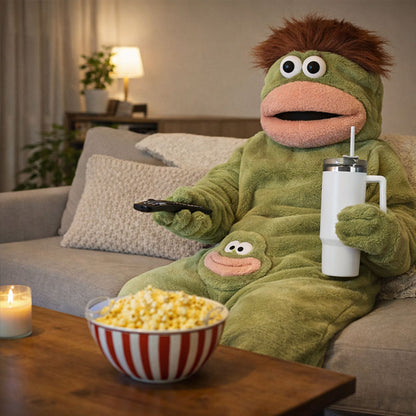 Person relaxing on a sofa in green fish onesie pajamas while holding a tumbler and remote with popcorn nearby.