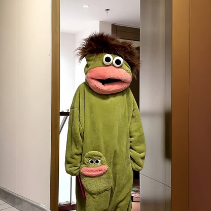 Front view of green plush fish onesie pajamas featuring a character hood and matching front pocket.