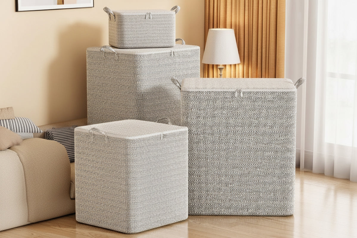 Four gray lidded fabric storage bins in different sizes arranged beside a sofa.