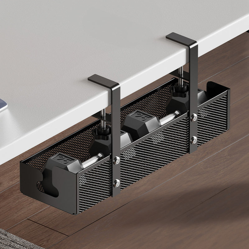 Metal under-desk cable management tray with two 25 pound weights sitting inside.