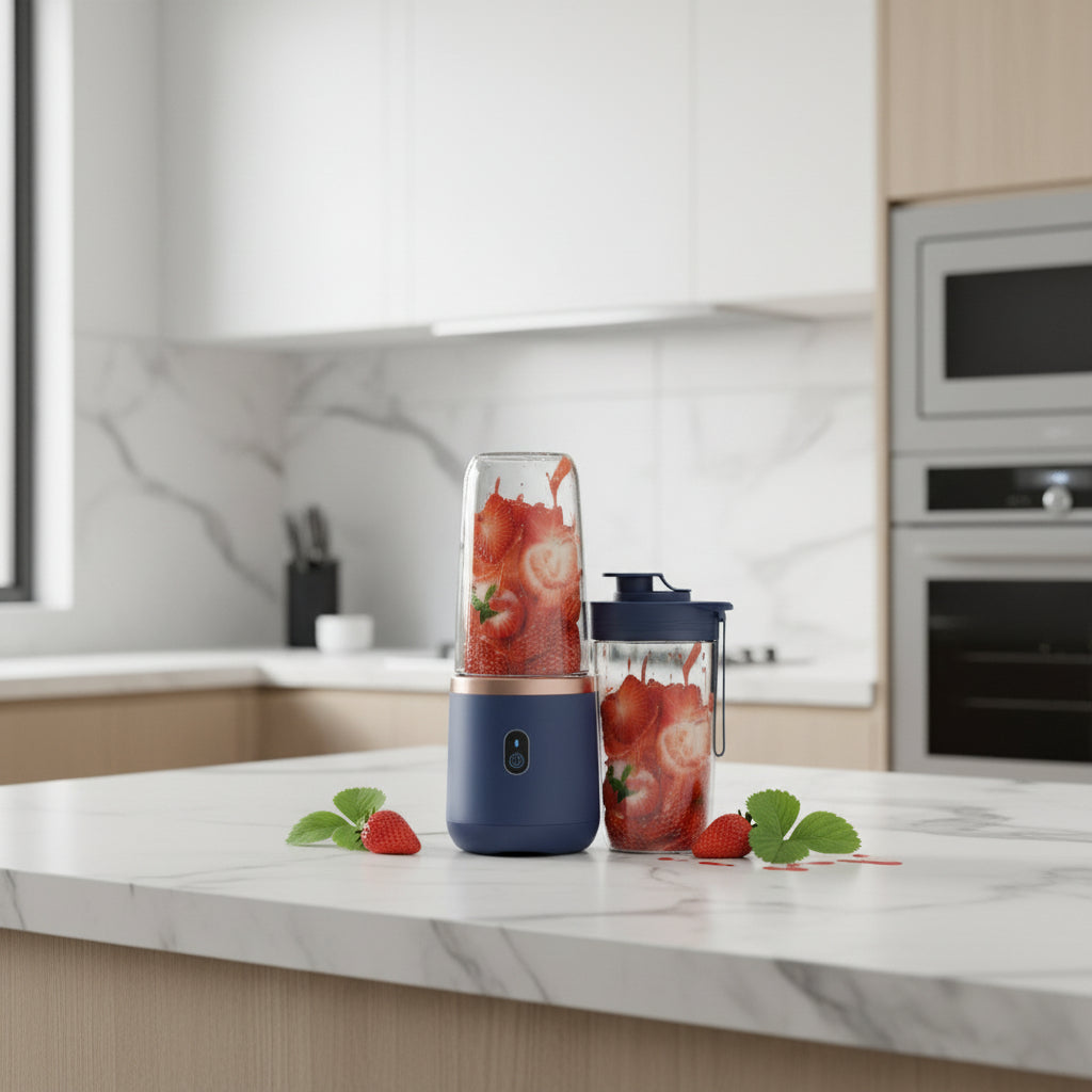 Portable USB rechargeable blender with strawberries inside and on the countertop.