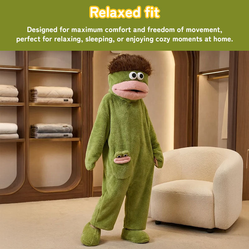 Full-body view of green plush fish onesie pajamas with a relaxed fit and matching character slippers.