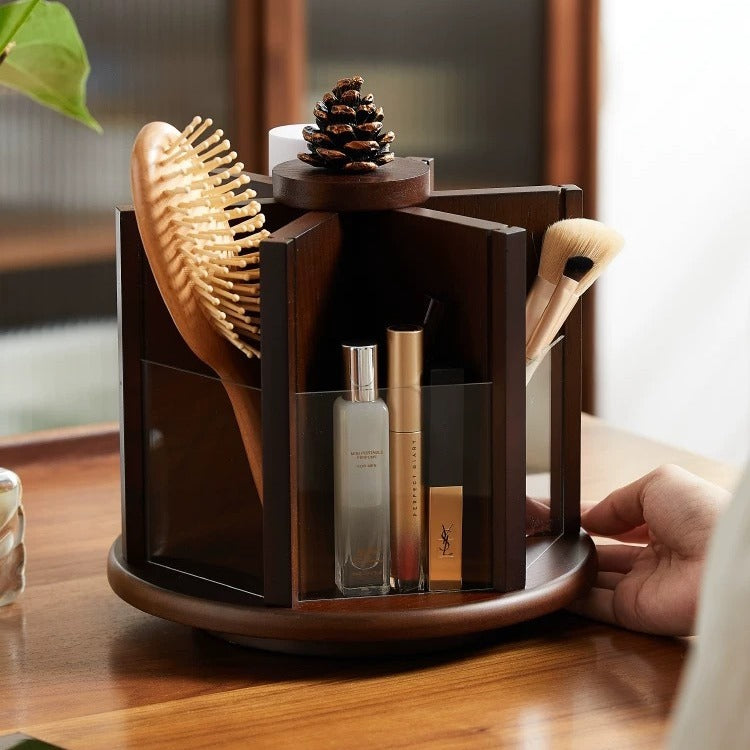 Solid wood rotating walnut vanity & desktop organizer.