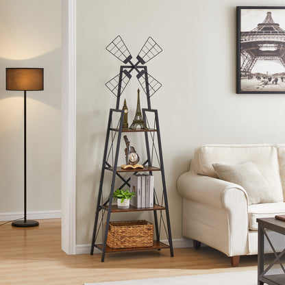 Brown and black windmill bookshelf displaying ornaments, books, a plant, and a woven basket beside a cream sofa.