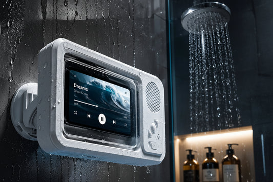 Waterproof electronic device with screen and buttons on a shower wall.