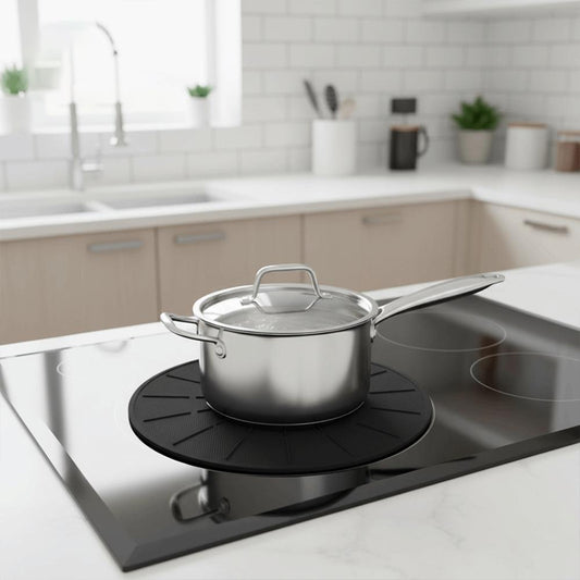 Silver pot sitting on top on cooktop mat on an induction stovetop.