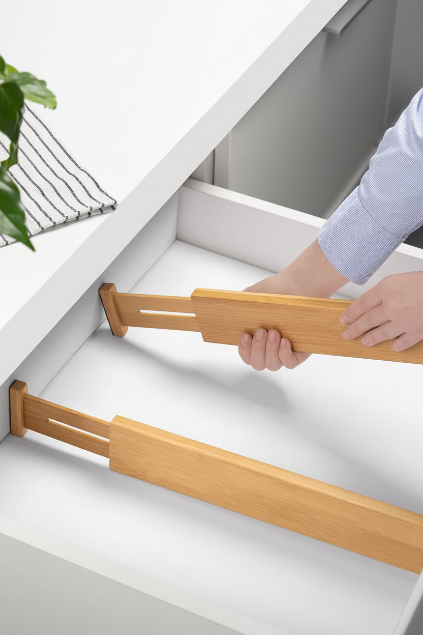 Adjustable bamboo drawer dividers being installed inside a white drawer