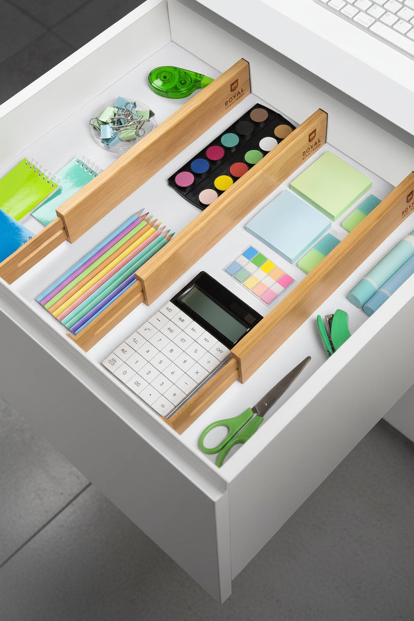 Adjustable bamboo drawer dividers organizing office supplies inside a white desk drawer