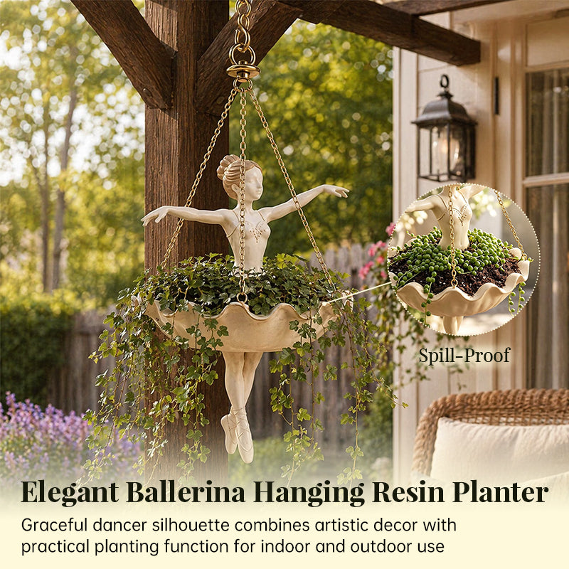 Ballerina hanging resin planter feature image showing decorative design and spill-resistant plant bowl