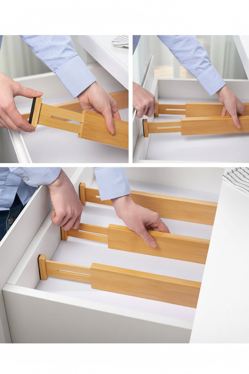 Step-by-step installation of adjustable bamboo drawer dividers inside a drawer