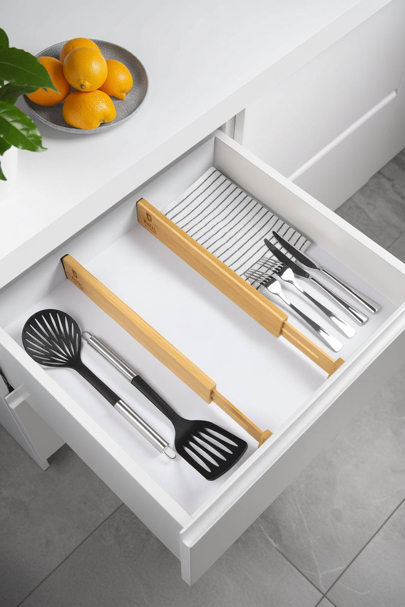 Adjustable bamboo drawer dividers positioned inside a kitchen drawer with measurement guide