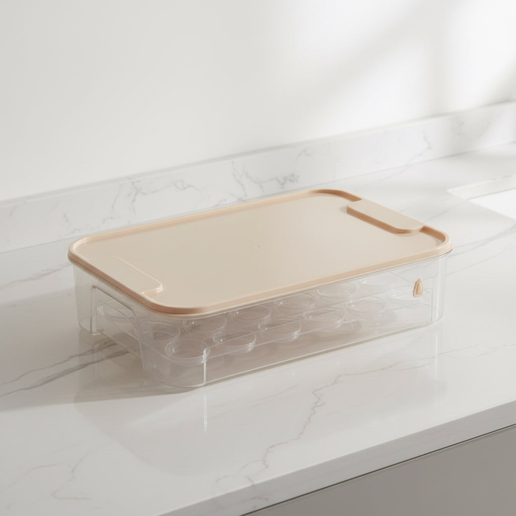 Empty clear egg storage box with a beige lid and individual egg compartments on a kitchen counter.