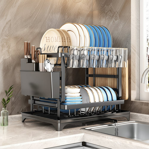 Black two-tier dish drying rack with plate slots, bowl rack, utensil holder, cutting board holder, and drainboard