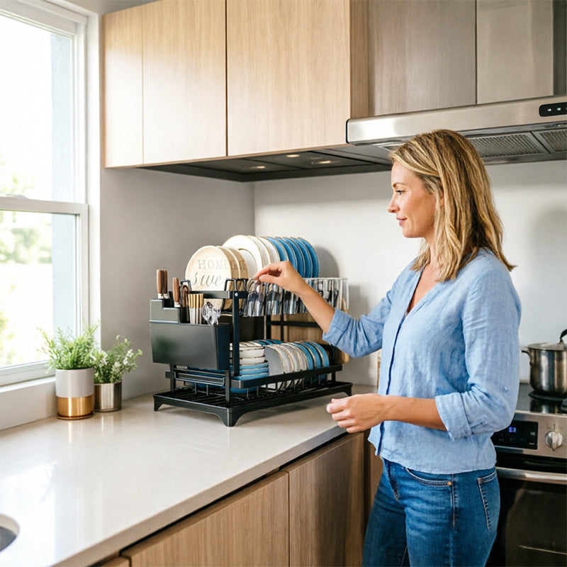 Black two-tier dish drying rack organizing plates, bowls, utensils, and cutting boards on a kitchen counter with women standing beside it