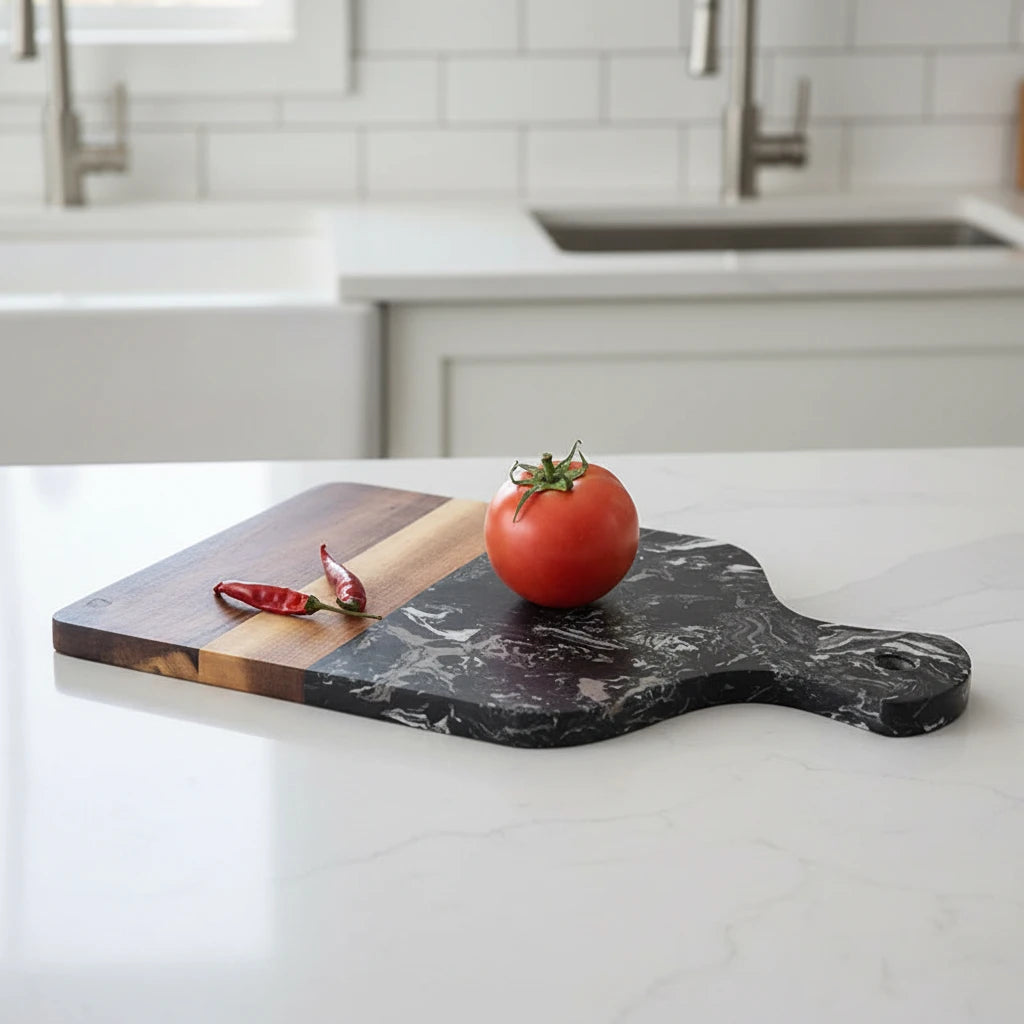 Black marble and acacia wood cutting board serving peppers and tomatoes in a kitchen