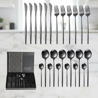 24-piece black stainless steel flatware set with matching gift box