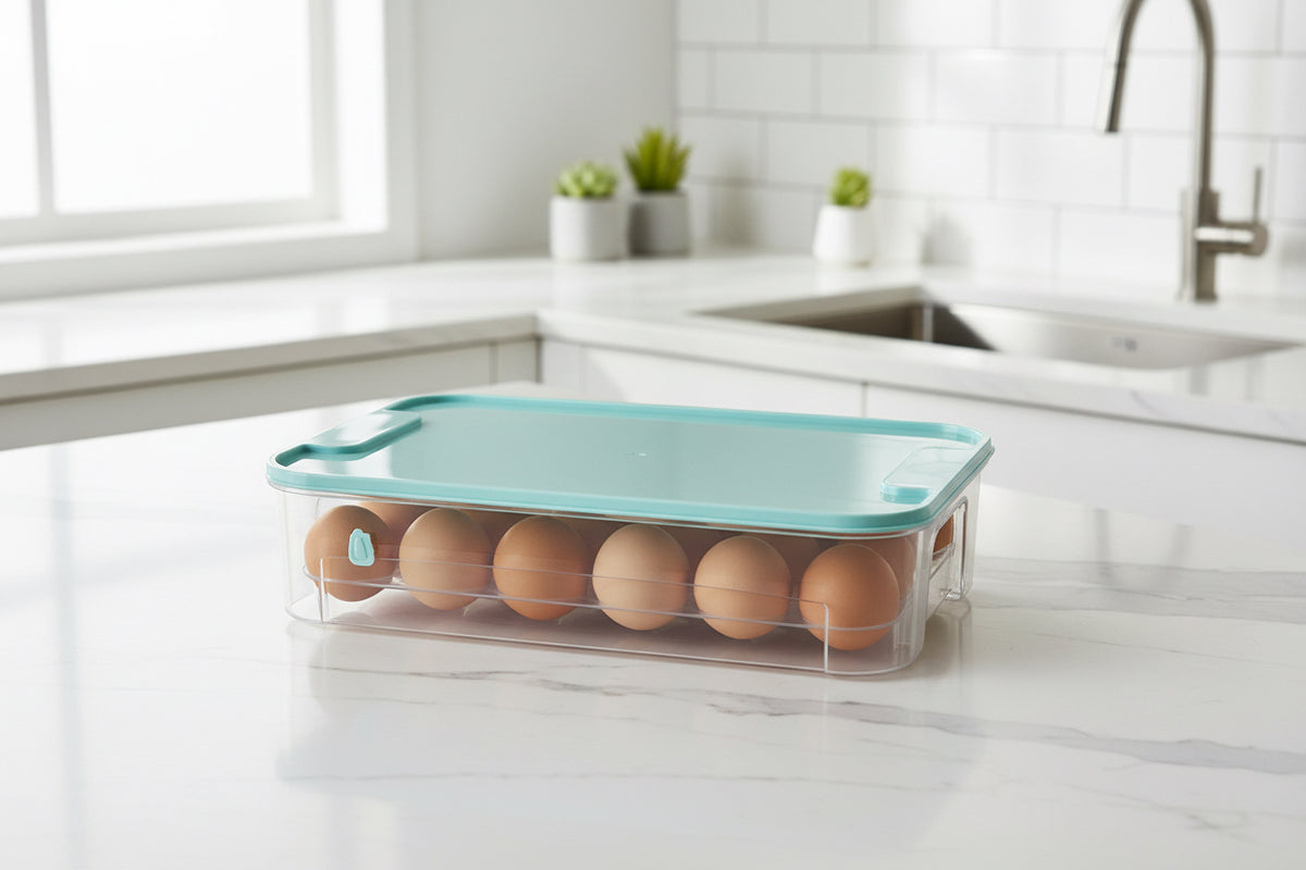 Clear egg storage box filled with eggs and covered with a blue lid on a white kitchen countertop.