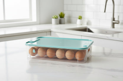 Clear egg storage box filled with eggs and covered with a blue lid on a white kitchen countertop.