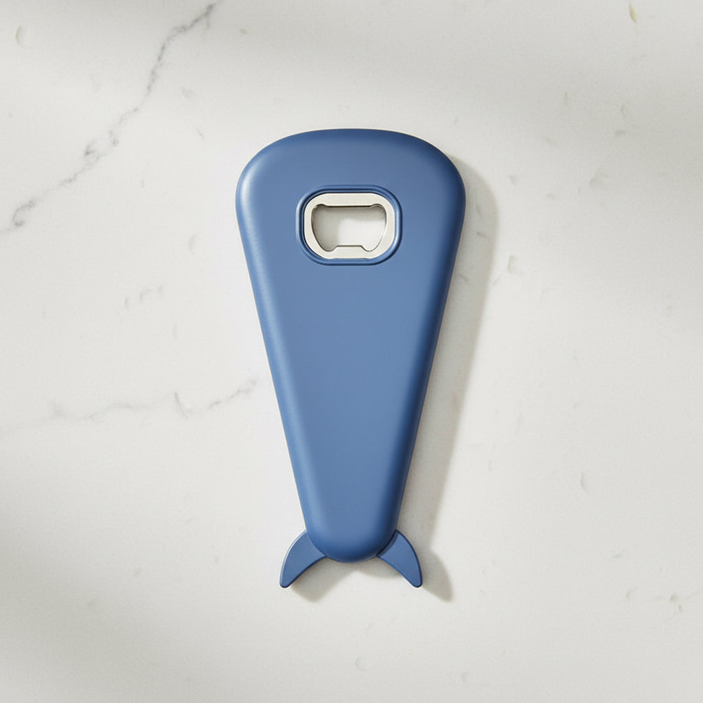 Blue handheld multi-function jar, can, and bottle opener on a marble surface