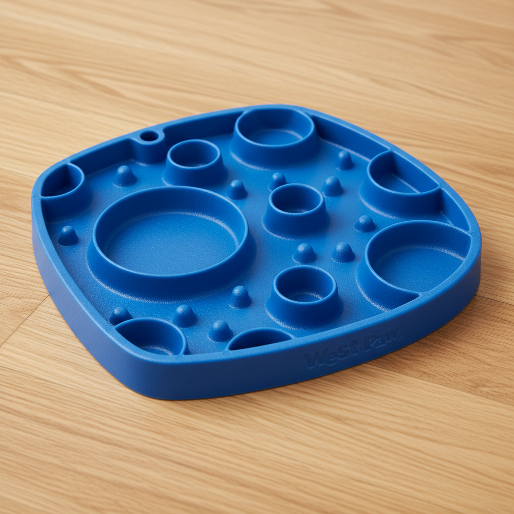 Blue silicone dog enrichment mat with multiple raised bowls and textured compartments for slow feeding