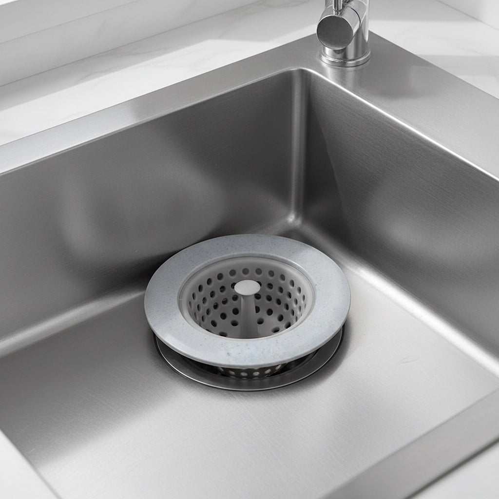 Blue silicone sink drain strainer fitted over a stainless steel kitchen sink drain.