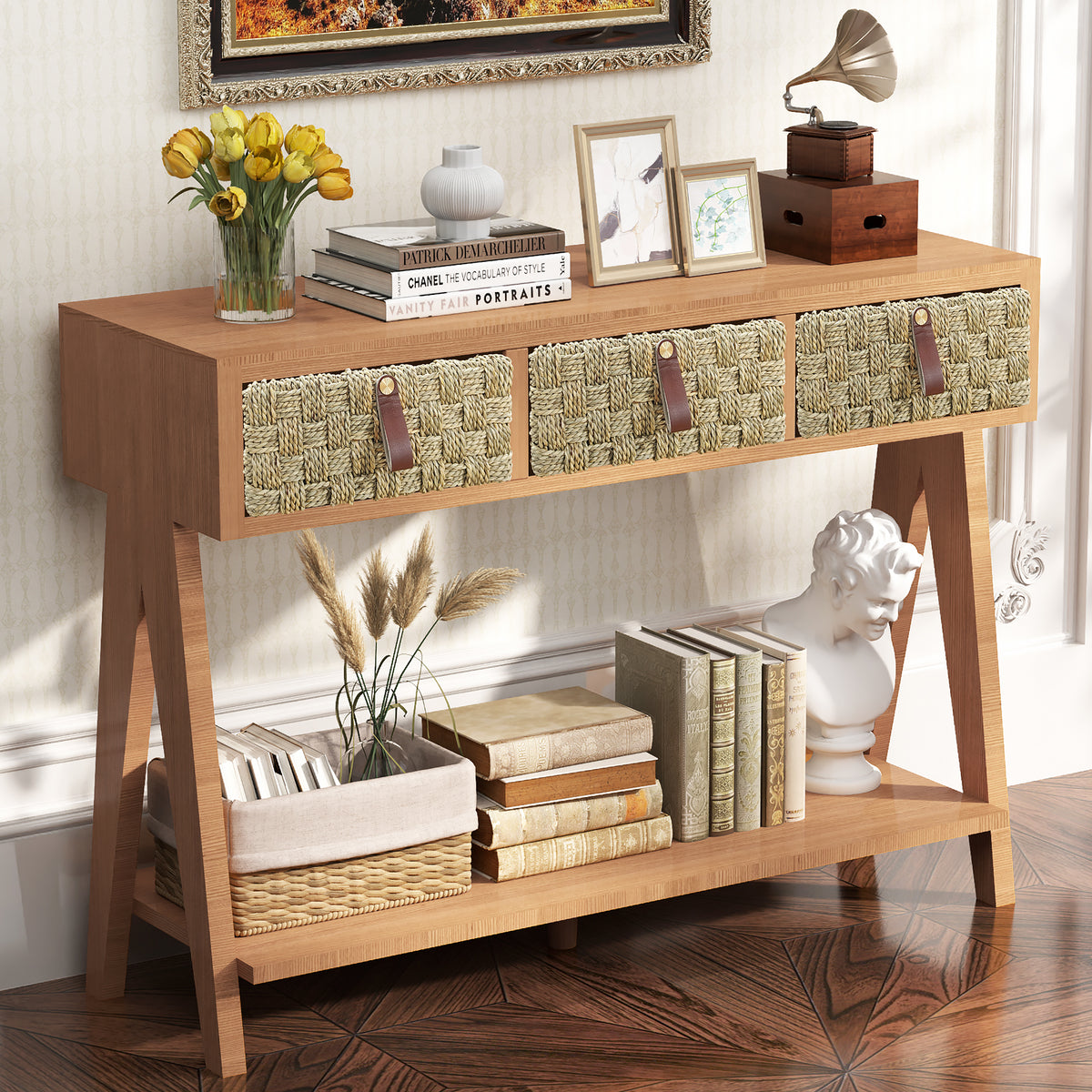 Brown mid-century console table with three woven drawers, leather pulls, and an open lower shelf