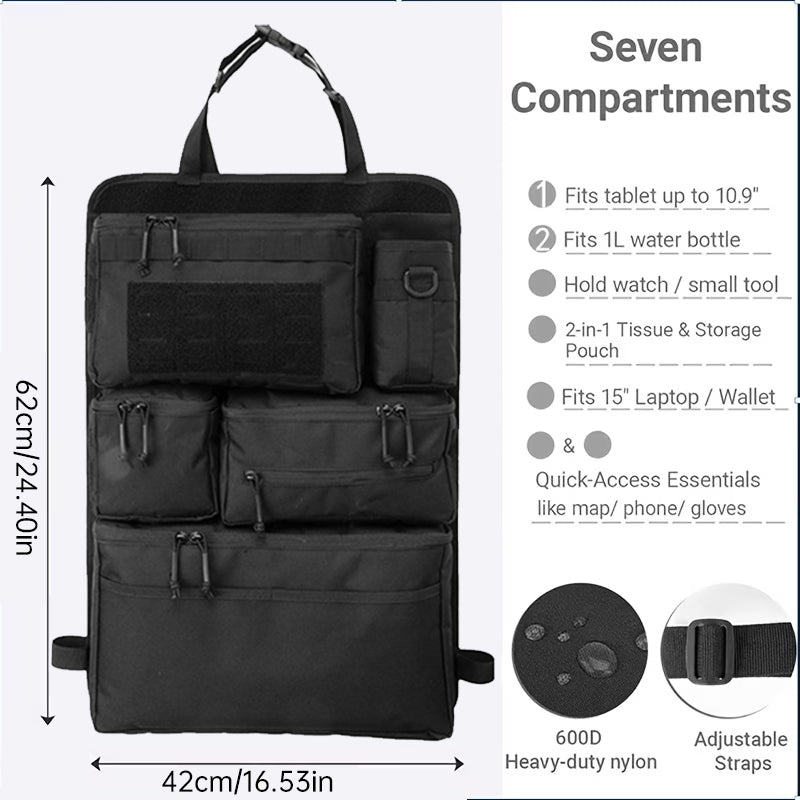 Black car seat back organizer showing storage pockets, adjustable straps, heavy-duty nylon construction, and 42 by 62 centimeter size