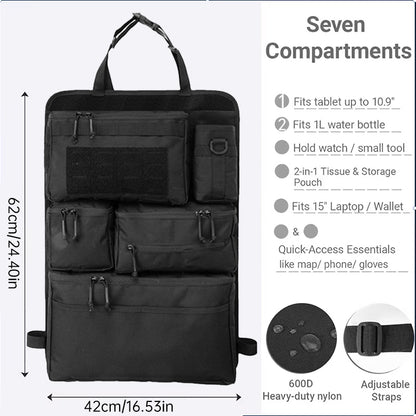 Black car seat back organizer showing storage pockets, adjustable straps, heavy-duty nylon construction, and 42 by 62 centimeter size