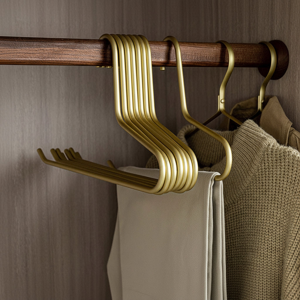 Champagne gold aluminum space-saving pants rack holding folded trousers in a closet