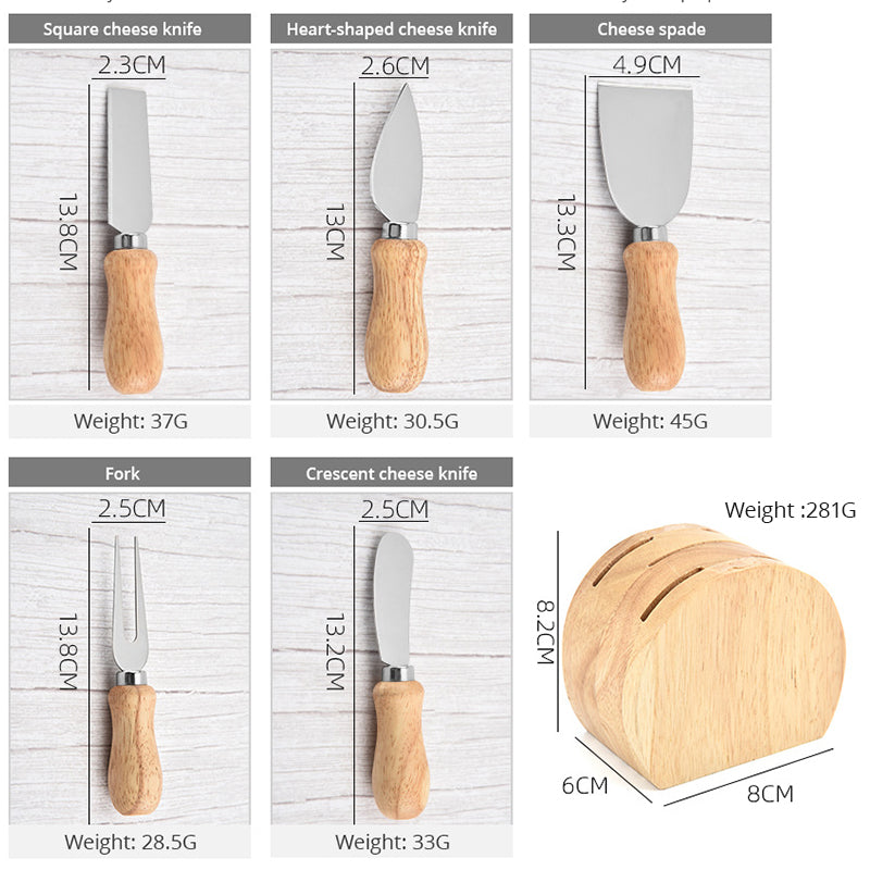 Dimensions of five stainless steel cheese utensils and their round wooden holder