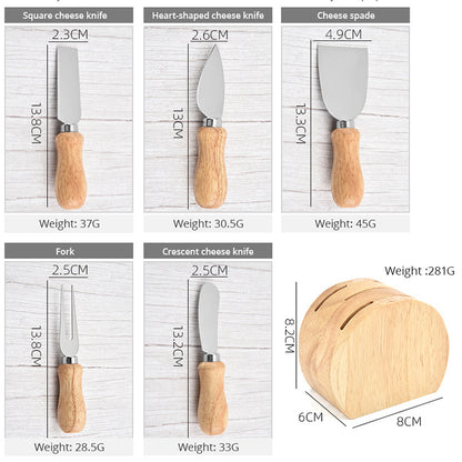 Dimensions of five stainless steel cheese utensils and their round wooden holder