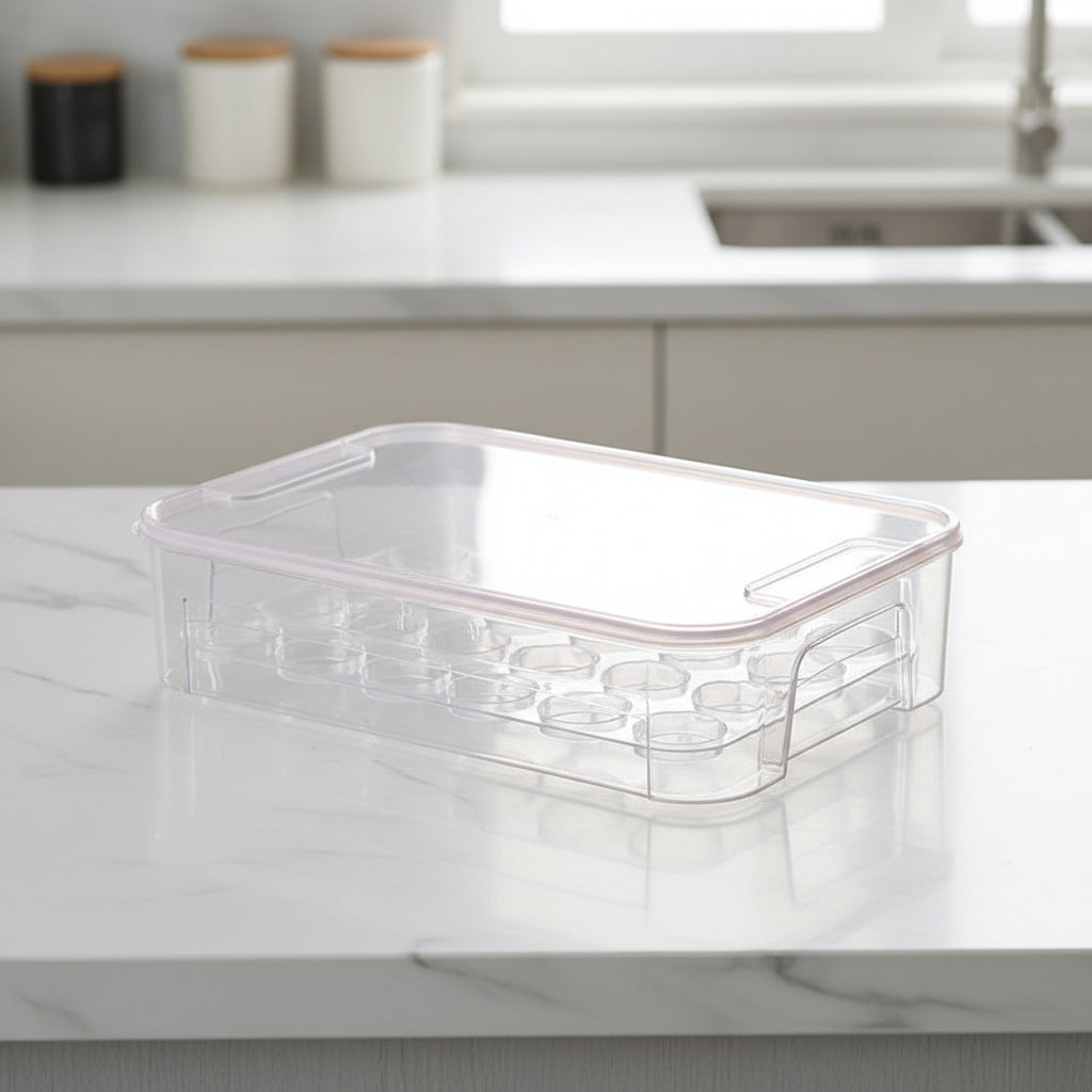 Clear egg storage box with a transparent lid and individual egg compartments on a white countertop.