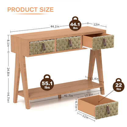 Console table dimension diagram showing a 44.1-inch width, 12-inch depth, and three storage drawers