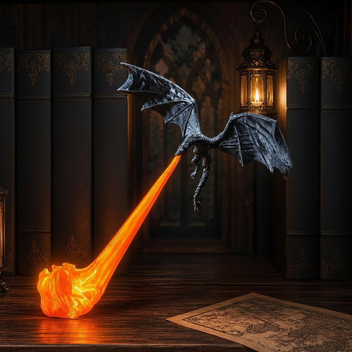 Black dragon breath flame night light glowing orange on a dark tabletop display