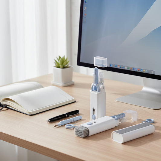 Electronics cleaning kit with brushes and detailing tools arranged on a desk beside a computer monitor