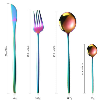 Measurements for the knife, fork, tablespoon, and teaspoon in the flatware set