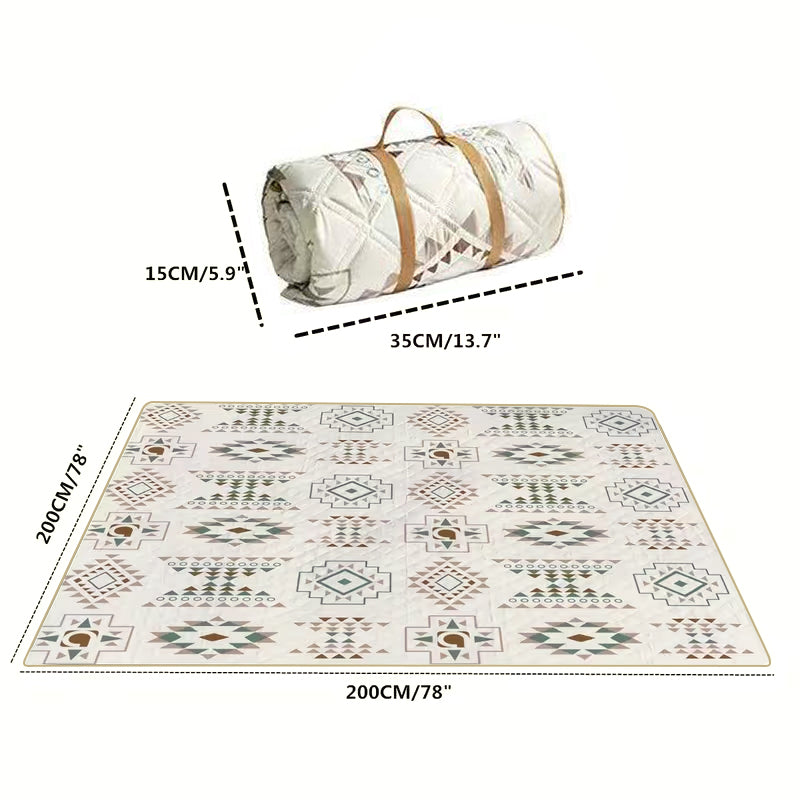 Foldable picnic blanket shown open at 200 by 200 centimeters and rolled for compact storage