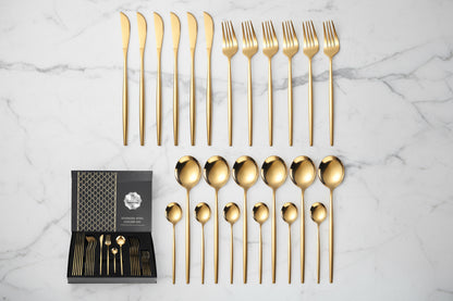 24-piece gold stainless steel flatware set with matching gift box