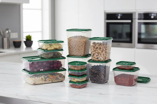 Green 17-piece food storage container set in assorted sizes holding dry goods, fruit, and snacks.