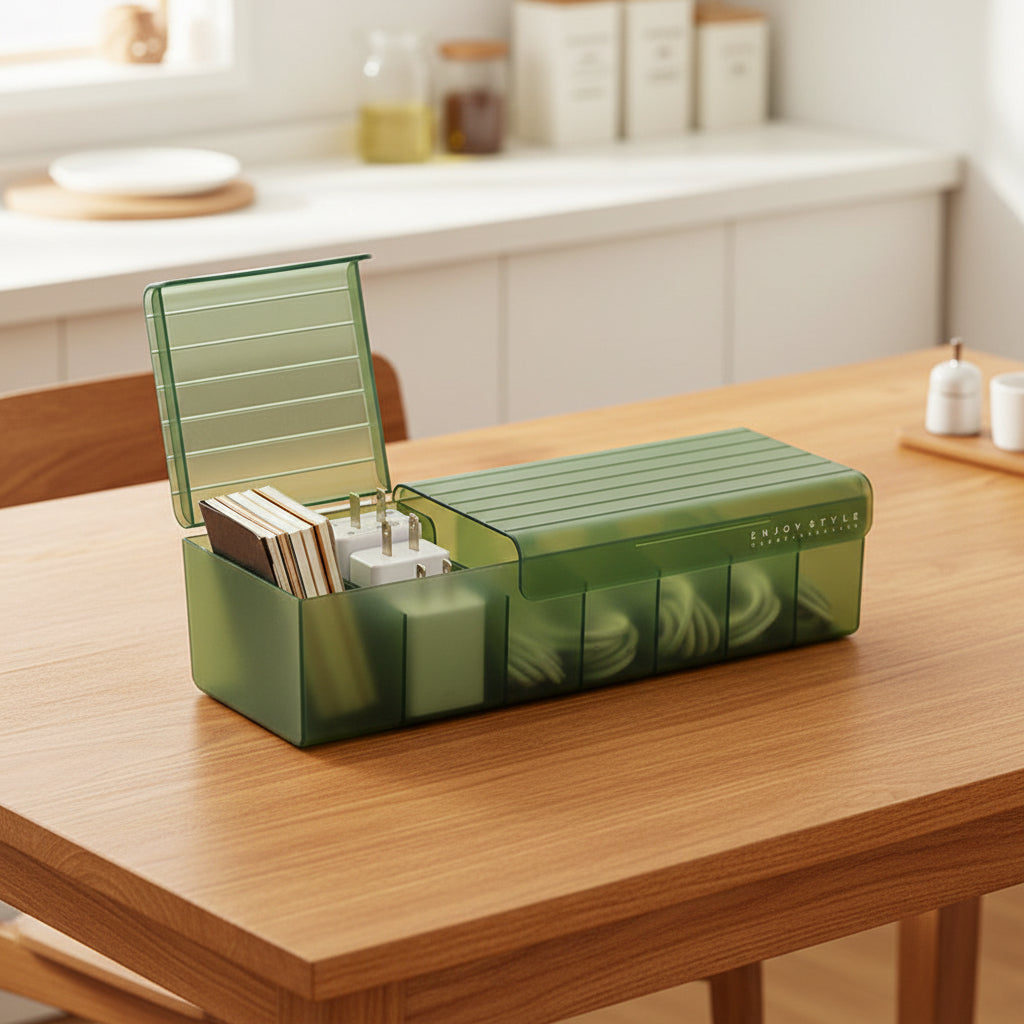 Green desktop cable organizer with divided compartments for cords, adapters, and small accessories.
