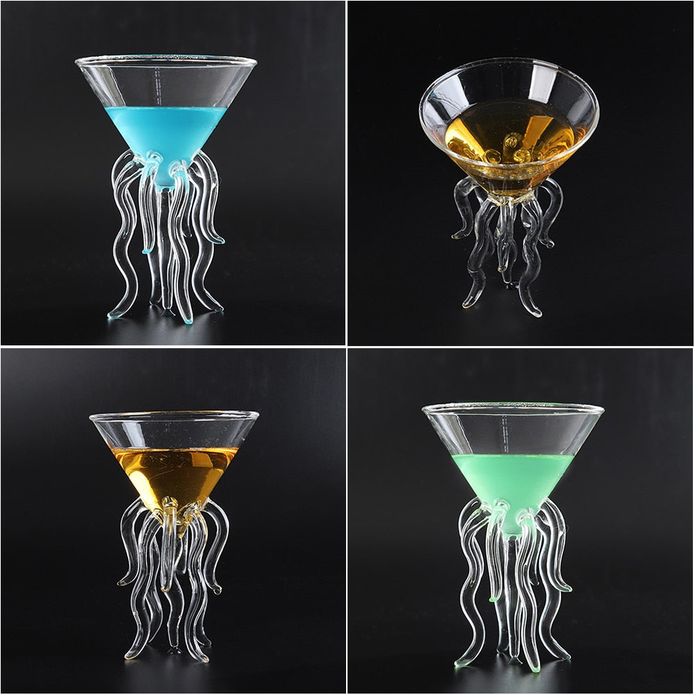 Jellyfish cocktail glass shown with blue, green, and amber drinks