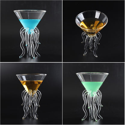 Jellyfish cocktail glass shown with blue, green, and amber drinks