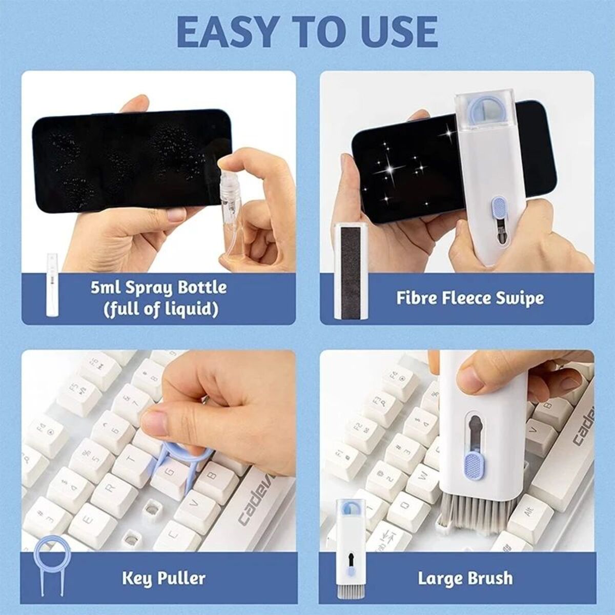 Keyboard cleaning kit showing spray bottle, key puller, fleece swiper, and large cleaning brush